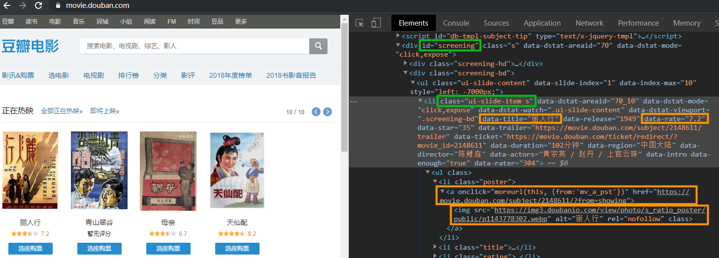 豆瓣电影 - 热映 DOM 结构